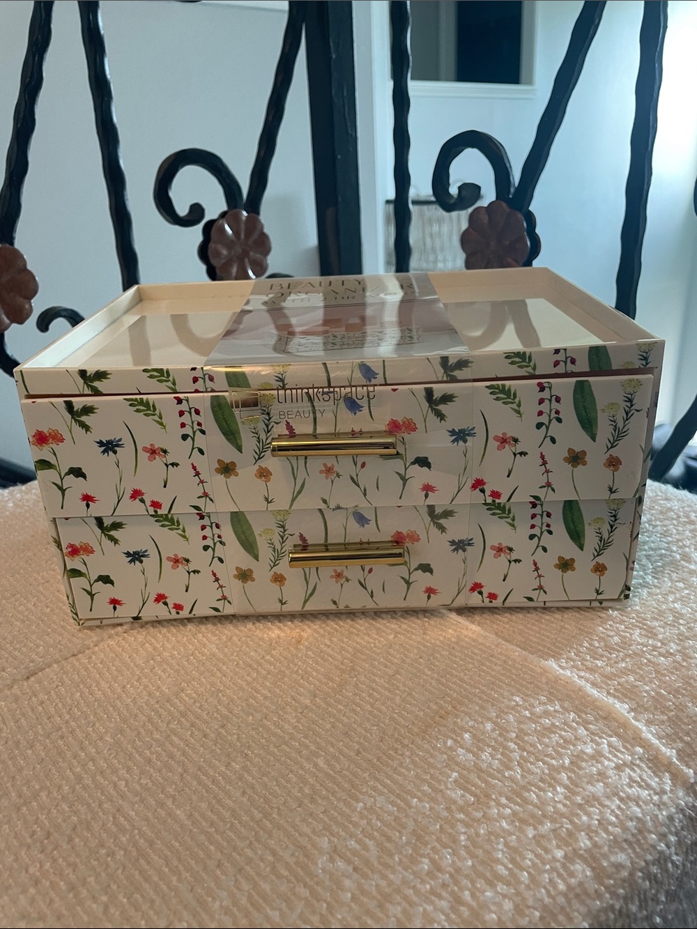 Floral Makeup Organizer Box with Two Drawers - White Floral